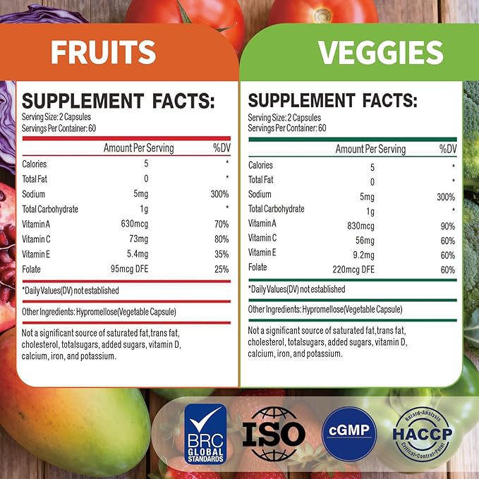 Fruits and Veggies Supplements, Whole Fruit and Vegetable Ingredients for Women, Men, and Kids - 120 Fruits Capsules, 120 Veggies Capsules - 2 Sets