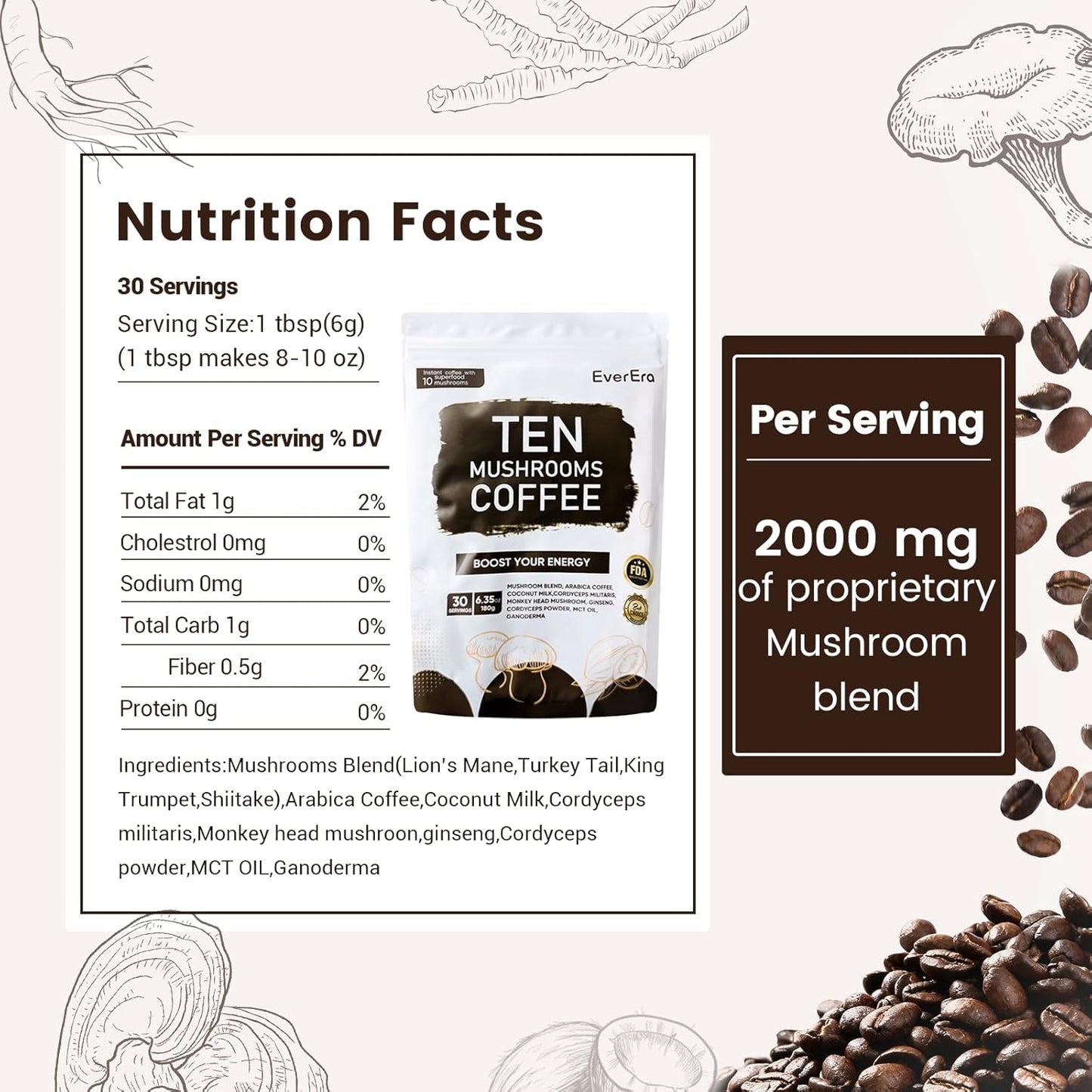 Organic Mushroom Coffee, 10-in-1 Blend Featuring Lions Mane, Cordyceps, Ginseng, and more. This Instant Coffee Boosts Energy, Digestion, and Immunity. Everyday Coffee Dose, 30 Servings
