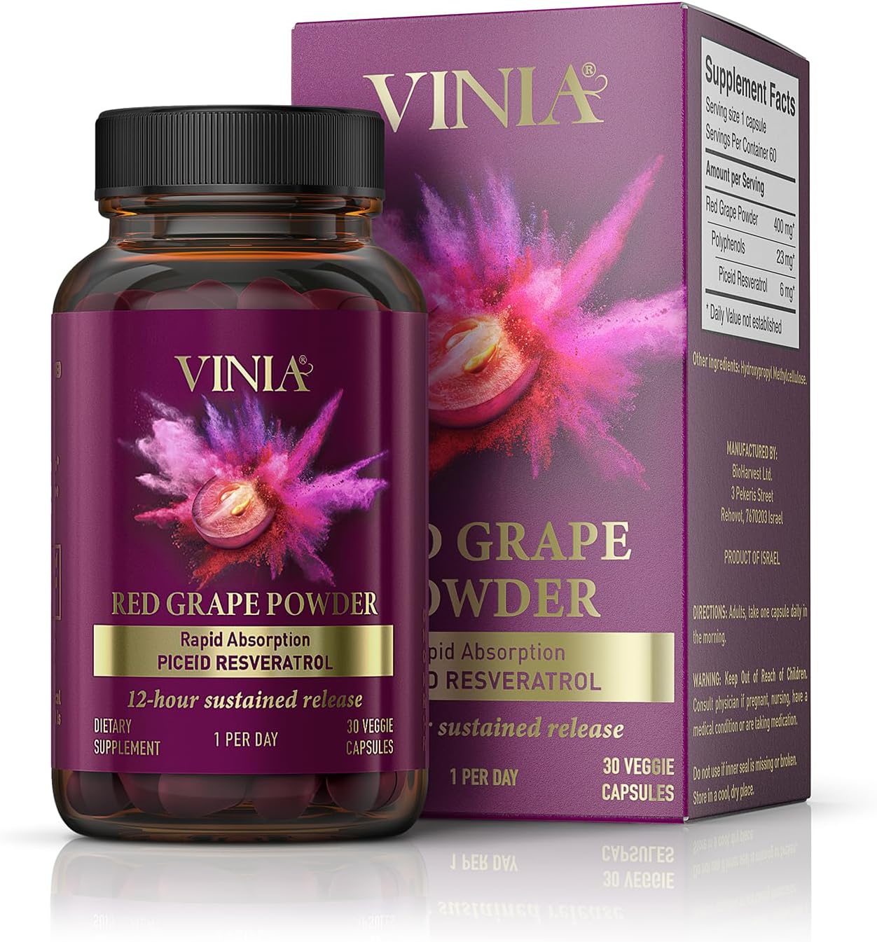 VINIA 12-Hour Long-Lasting piceid resveratrol Supplement. Nitric Oxide Supplement. Supports Heart Health, Blood Flow, Boost Oxygen Superfood Powder, Keto Friendly. Vegan & Non-GMO. 30 Day Supply.