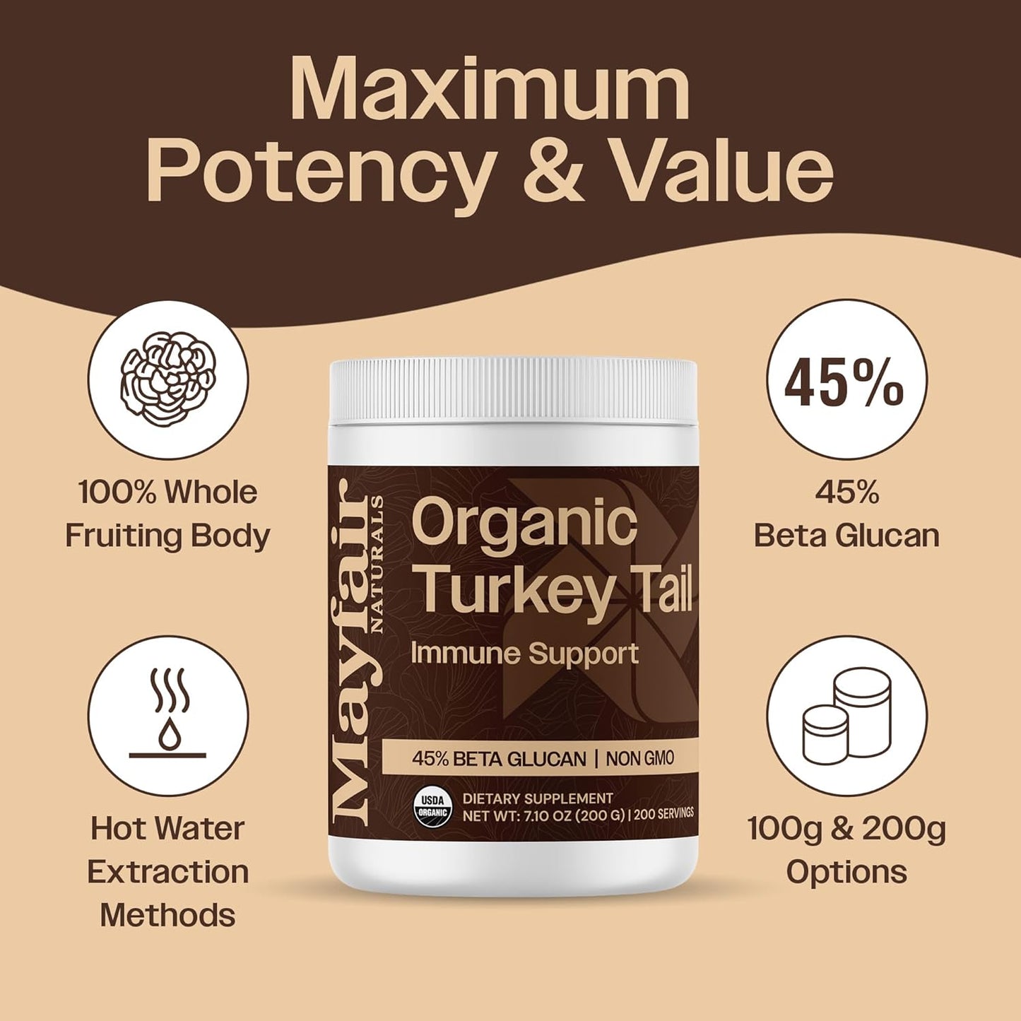 Turkey Tail Mushroom Powder - Organic Mushroom Powder For Immune Support Digestive Health & Immune Response Support Supplement - Hot Water Extracted, 45% Beta-Glucans - 7.10 oz (200 Servings)