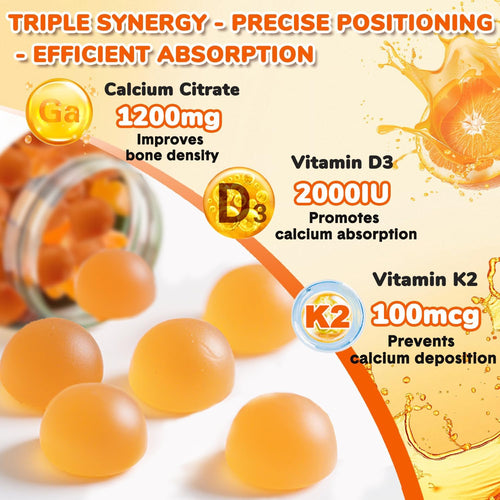 (2 Pack) Calcium Citrate Gummies,Calcium 1200 mg with Vitamin D3 and K2 for Women & Men.Supports Bone Muscle & Teeth - Natural Orange Flavor,120 Gummies- 60 Day Vegan Supply