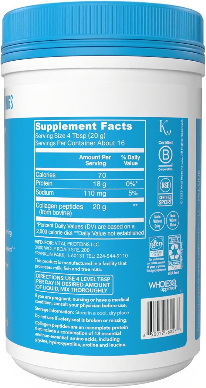 Vital Proteins Collagen Peptides Powder - Supports Hair, Nail, Skin, Joint Health, Unflavored, Zero Sugar, 11.4oz