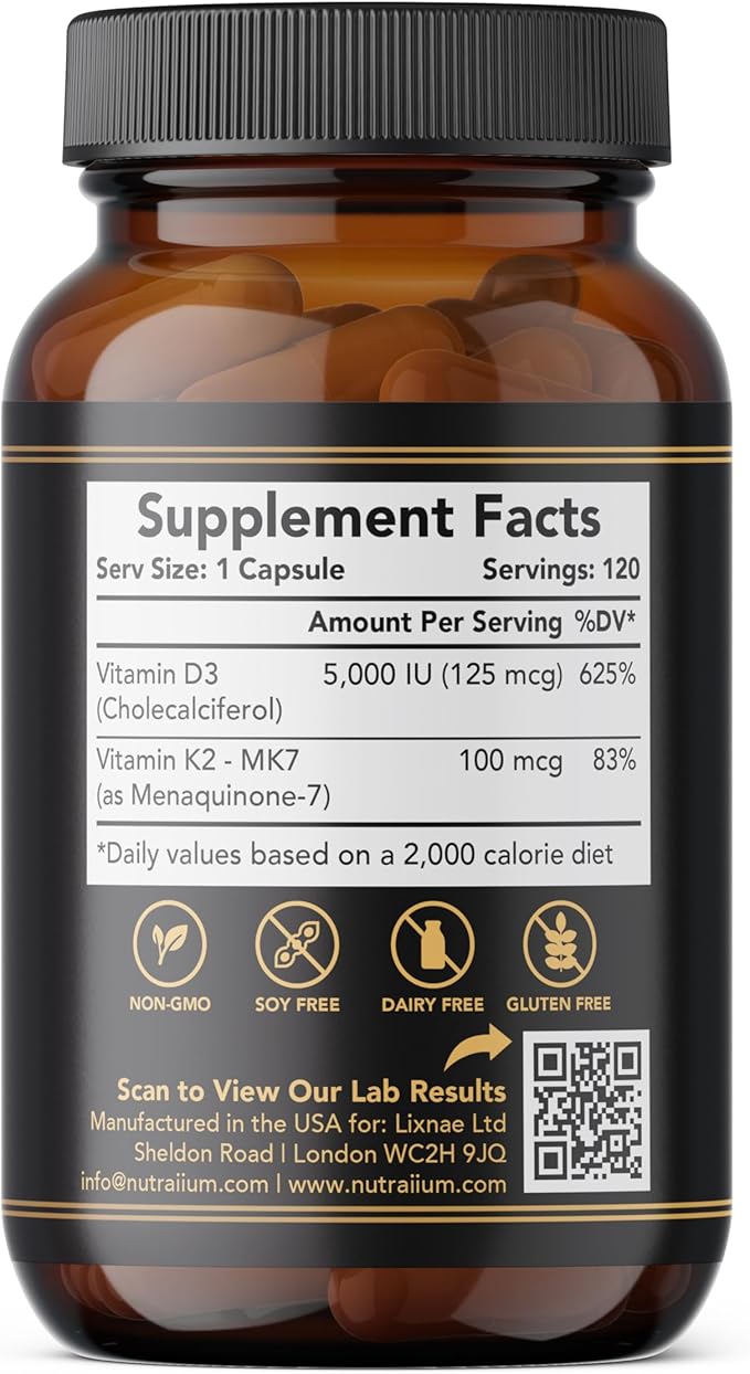 Vitamin D3 K2 Supplement 5000 IU 100 mcg MK7 – High Potency D3+K2 Capsules for Artery Health, Heart Support & Strong Bones Non-GMO Third-Party Tested d3+k2 Vitamin Supplement Artery Armor -120 Count