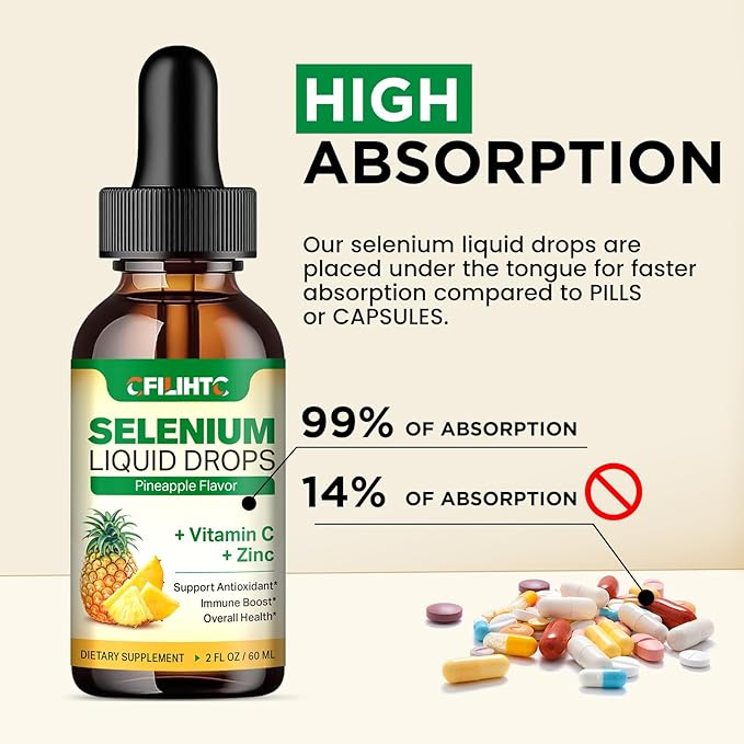 Selenium Liquid Drops, 200mcg Liquid Selenium Supplement with Vitamin C & Zinc, Support for Immune System, Antioxidant & Heart Health, High Absorption, Pineapple Flavor, 2 Fl Oz