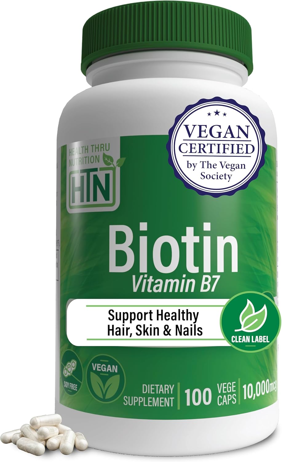 Health Thru Nutrition Biotin 10,000mcg Vegan 100 Capsules | Vitamin B7 | Hair, Skin, Nail Support & Keratin Production | Non-GMO, Soy-Free, Gluten-Free, Hypoallergenic