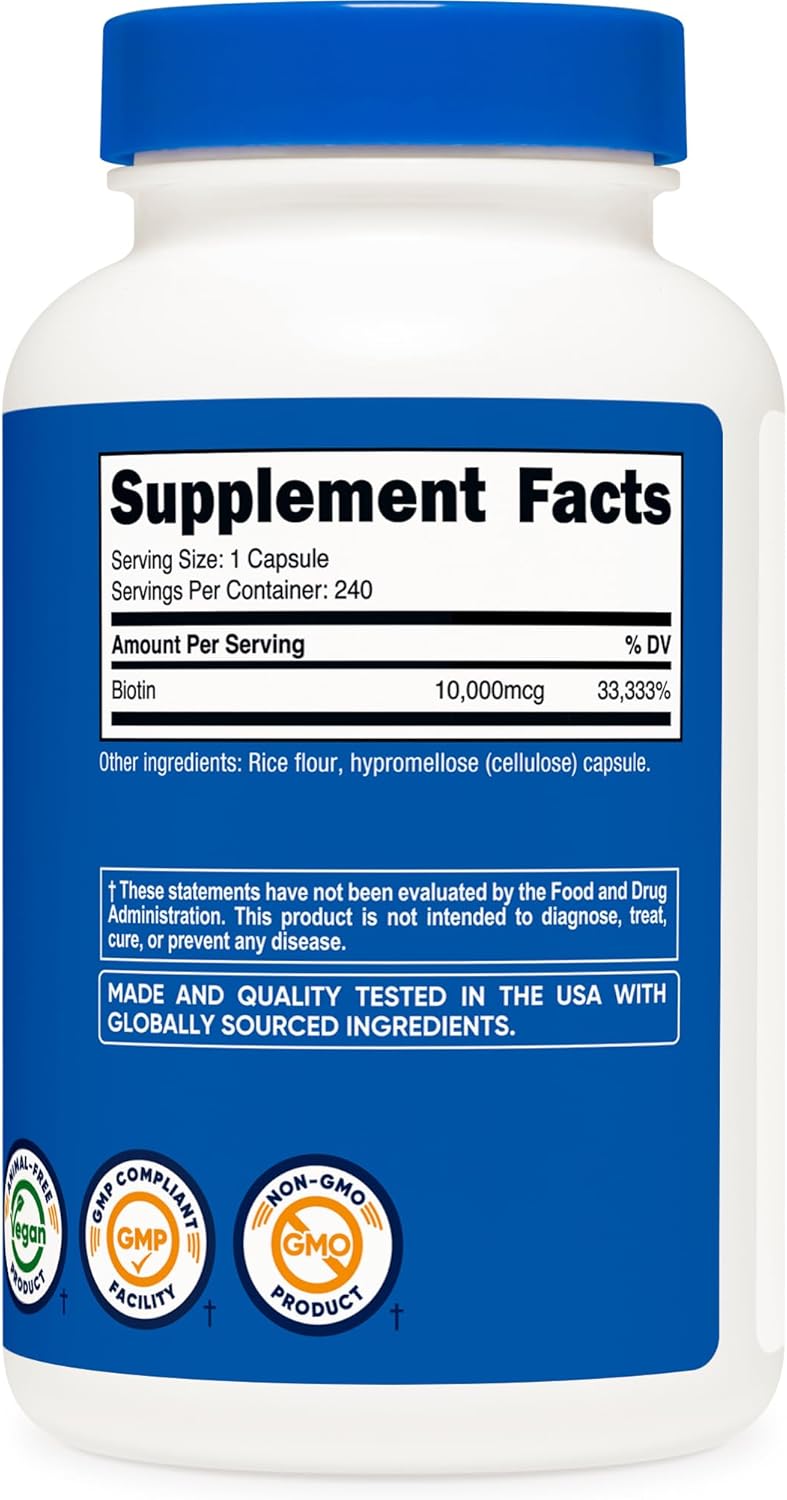 Nutricost Biotin (Vitamin B7) 10,000mcg (10mg) Vitamin Supplement, 240 Capsules - Vegetarian, Gluten Free, Quick Release, Non-GMO (Pack of 2)