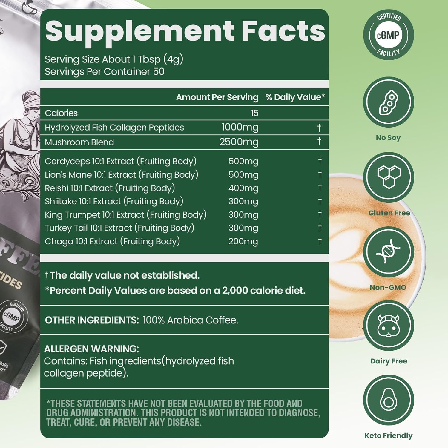 UMEWISH Mushroom Coffee Instant with Marine Collagen, Lion's Mane, Cordyceps, Turkey Tail, Chaga, Reishi for Energy, Focus, Digestion, Skin & Immunity, Keto Friendly(50 Days Supply)