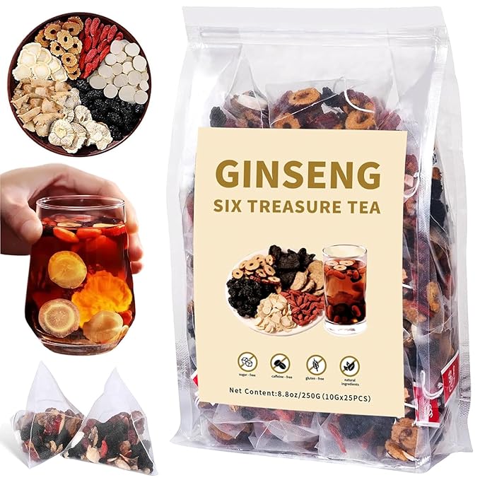 Ginseng Six Treasures Kidney Tea - Traditional Chinese Herbal Tea with Ingredients, 6 Precious Herbs Formula (50 Tea Bags)