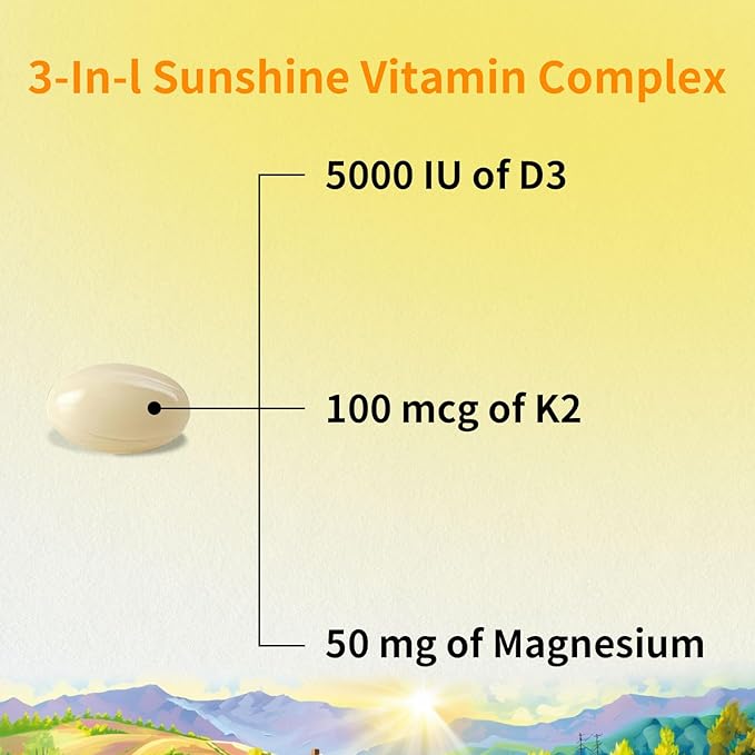 Vitamin D3 K2 5000 IU Softgels with Magnesium Supplement - & 120mcg MK-7 K2 for Bone Health & Immune Support - Non-GMO & Gluten-Free Softgels with MCT Oil- 30 Softgel