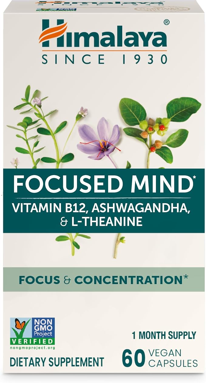 Himalaya Focused Mind Supplement, with Ashwagandha, Bacopa & L-Theanine for Attention, Focus and Energy Support, 60 Vegan Capsules, Gluten Free, 1 Month Supply