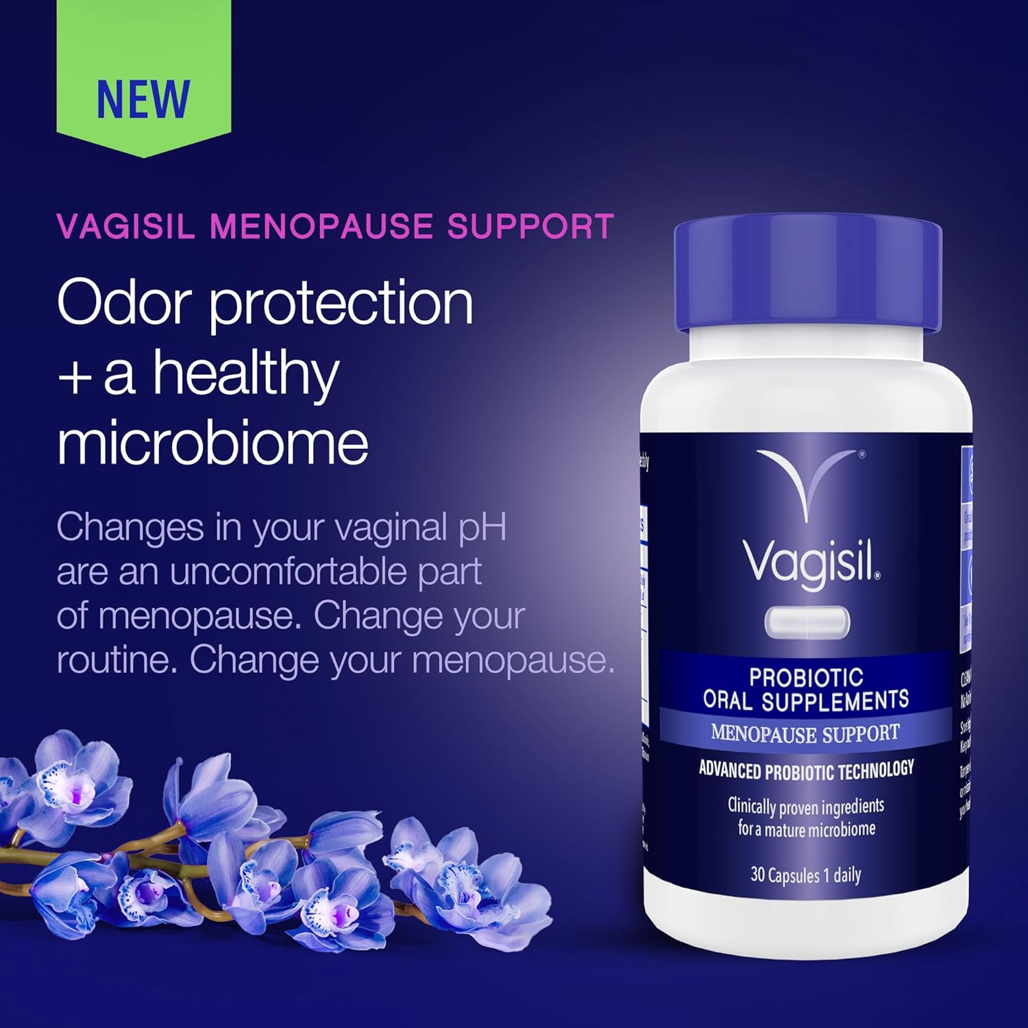 Vagisil Menopause Support Probiotic Supplement, Clinically Proven Ingredients with D-Mannose and LactoCran, Clean Formula for Mature Women, Non-GMO, Dairy-Free, 30 Capsules