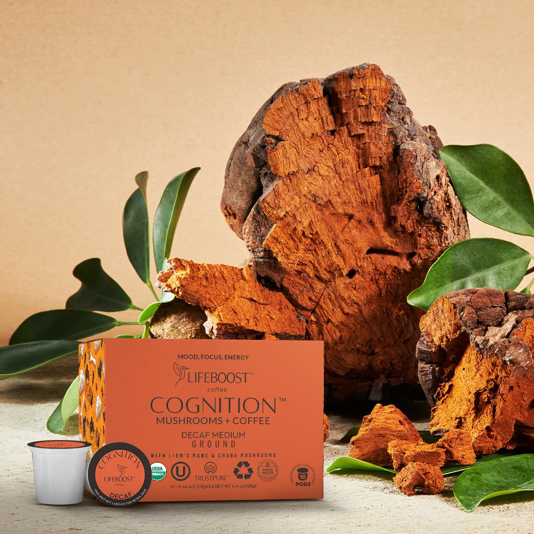 Lifeboost Cognition Decaf Mushroom Coffee Pods – Organic Low Acid Decaf K-Cups with Lion’s Mane & Chaga Adaptogens – Nootropic Coffee for Focus, Energy & Immune Support – 10 Count
