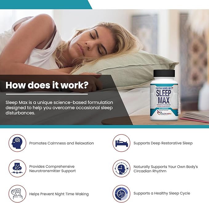 Sleep Max Natural Sleep Aid – Magnesium, GABA, 5-HTP & Taurine – REM Sleep & Deep Sleep Supplement Without Melatonin – Non-Habit Forming Vegan Herbal Sleep Aid – Non-GMO – 60 Capsules