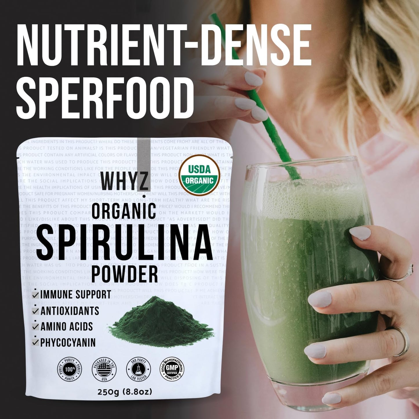 WHYZ Organic Spirulina Powder, 250g, Protein-Rich Spirulina Supplement, Organic Superfood for Immune Support, Green Spirulina Powder Organic Non GMO for Smoothies & Recipes