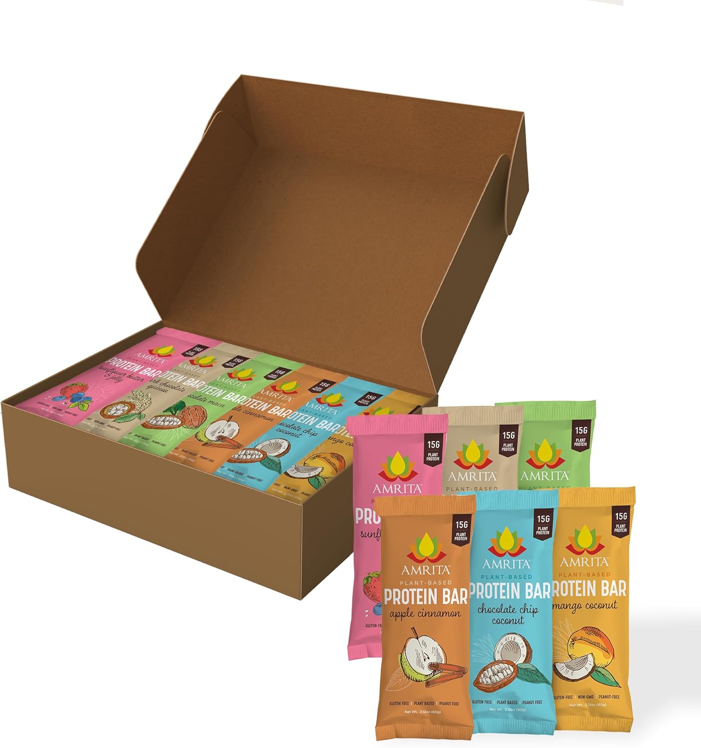 Amrita Nut Free 6 Flavor Variety Vegan Protein Bars | 11g to 12g Plant-Based Protein Bar | Peanut Free, Gluten Free, and Dairy Free | Low Sugar, High Fiber, Healthy School-Safe Snacks