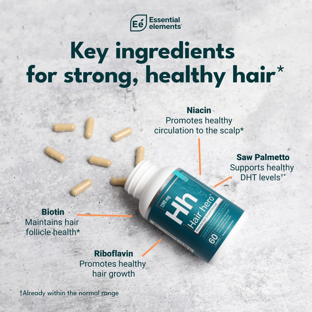 Essential Elements® Hair Hero™ - Hair Vitamins for Men - Broad-Spectrum Support with 5000 mcg Biotin - 60 Count - 30 Servings