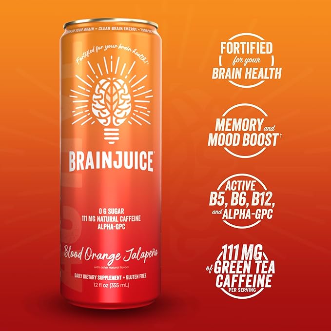 Brainjuice Brain Health Support Drink for Energy & Focus, Vitamin C, B5, B6 & B12, L Theanine, Alpha GPC, CoQ10 & Green Tea Caffeine, Gluten Free, Vegan, Blood Orange Jalapeno, 12 Oz Can, 6 Pack