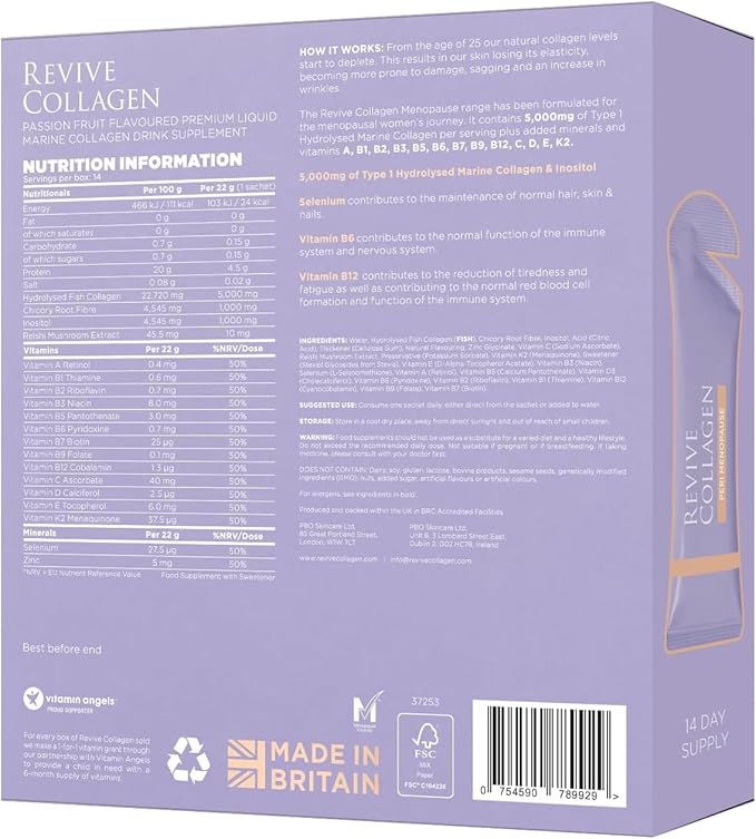 Revive Collagen Perimenopause — Hydrolyzed Marine Collagen Drink for Women, 5,000MG, Inositol, Selenium, Vitamin B6-B12, C & D, Supports Skin Health, Reduces Fatigue, Passionfruit Flavour — 14 Sachets