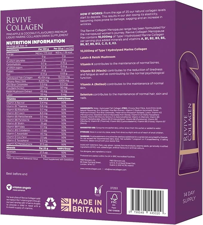 Revive Collagen Menopause Max — Hydrolyzed Marine Collagen Drink for Women, 10,000MG, Lutein, Reishi Mushroom, Vitamin B6, B12, C & D, for Skin & Eye Health, Pineapple & Coconut Flavour — 14 Sachets