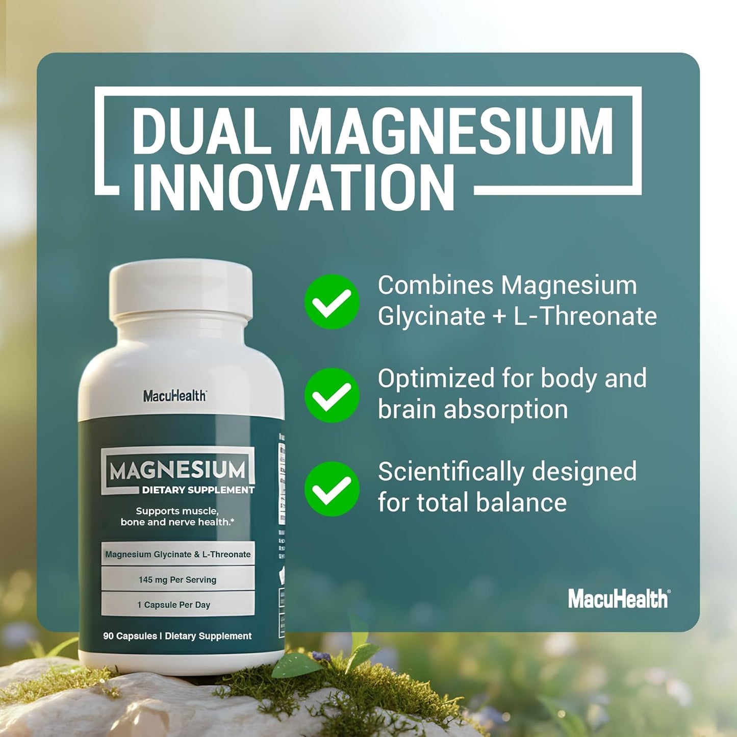 MacuHealth Magnesium Glycinate & L-Threonate 145mg - 90 Capsules - Highly Absorbable Magnesium for Energy, Calm & Focus - Gentle on Stomach, Vegan, Non-GMO - Premium Chelated Magnesium Supplement