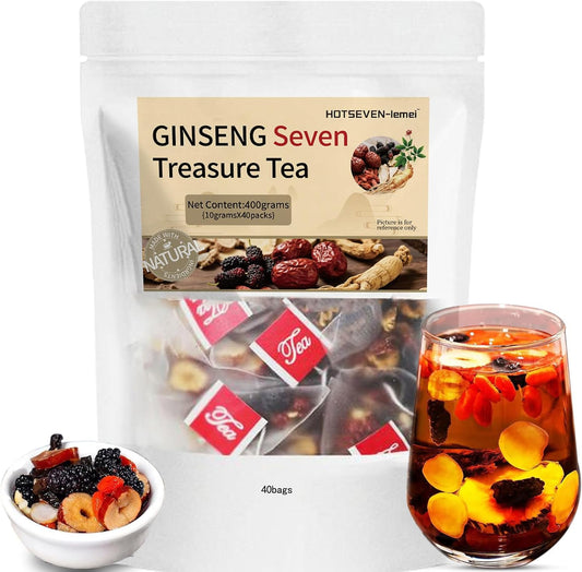 Ginseng Seven Treasure Herbal Tea, Organic Kidney Detox & Cleanse Blend for Women & Men, 7 Natural Ingredients Herbal Formula, 40 Bags, 1 Pack