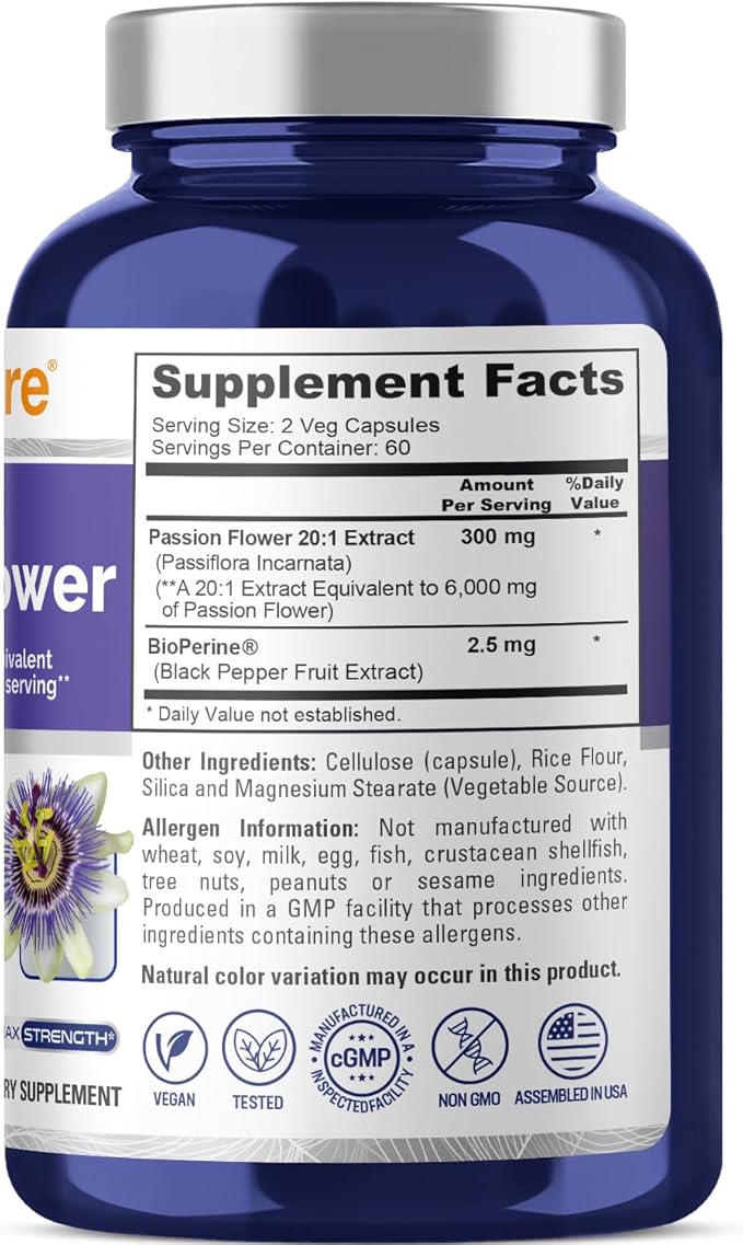 NusaPure Passion Flower 20:1 Extract, 300 mg Equivalent to 6,000mg, 120 Veggie Caps, Non-GMO, Bioperine, Extract Supplement