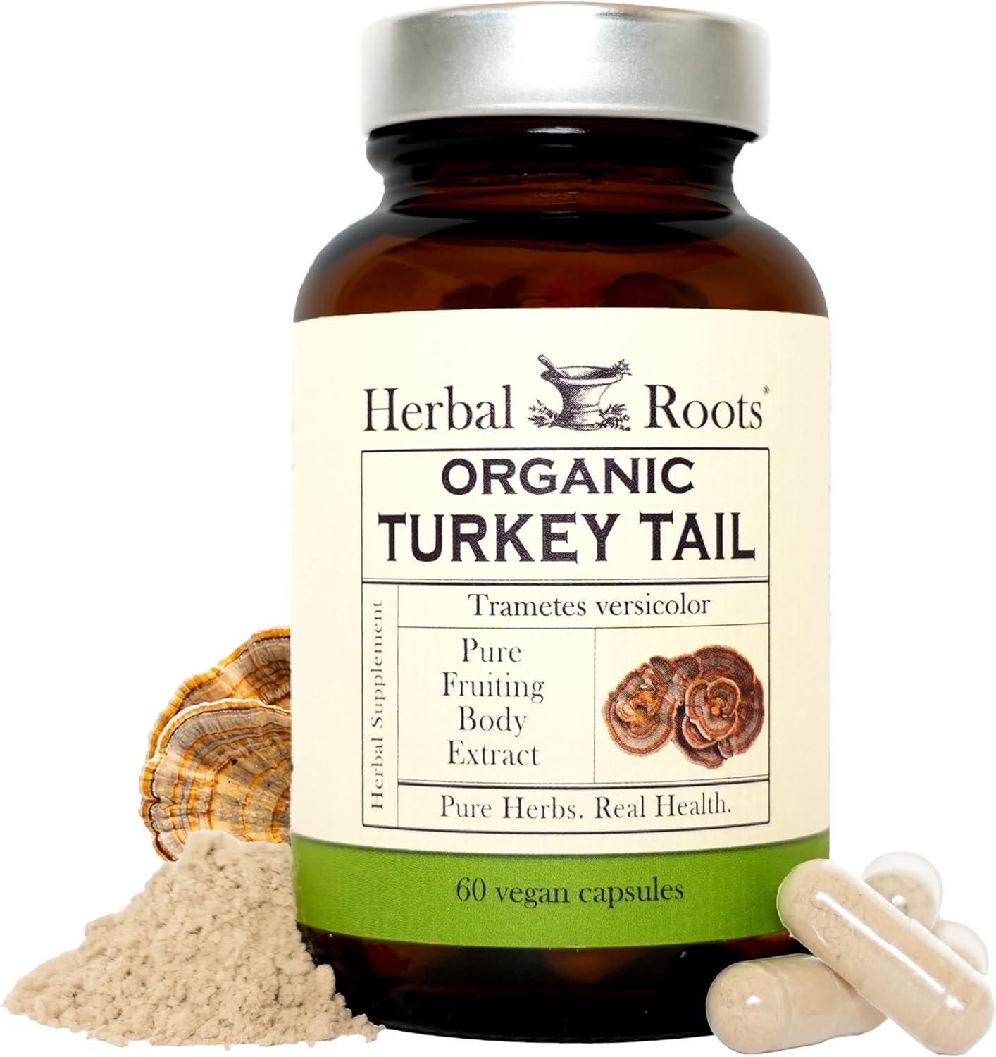 Herbal Roots Organic Turkey Tail Mushroom Supplement - Fruiting Bodies Extract - Immune Support - 60 Vegan Non GMO Capsules