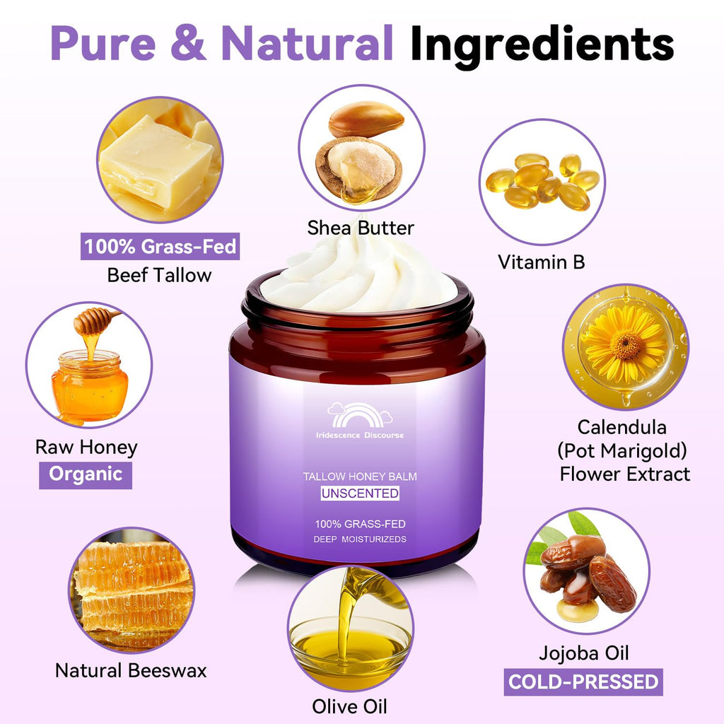 Beef Tallow for Skin, Grass-Fed Tallow and Honey Balm, Nourishing Tallow Face Moisturizer – Natural Beef Tallow for Dry, Sensitive, or Irritated Skin–Unscented–4oz