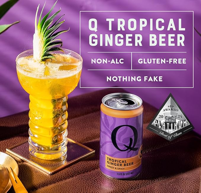 Q TROPICAL GINGER BEER with Real Ginger, Tropical Fruits & Organic Agave - Ideal for Cocktails & Mocktails - Real Ingredients & Perfectly Carbonated - 90 Calories per Can - 7.5 Fl Oz Cans (Pack of 24)