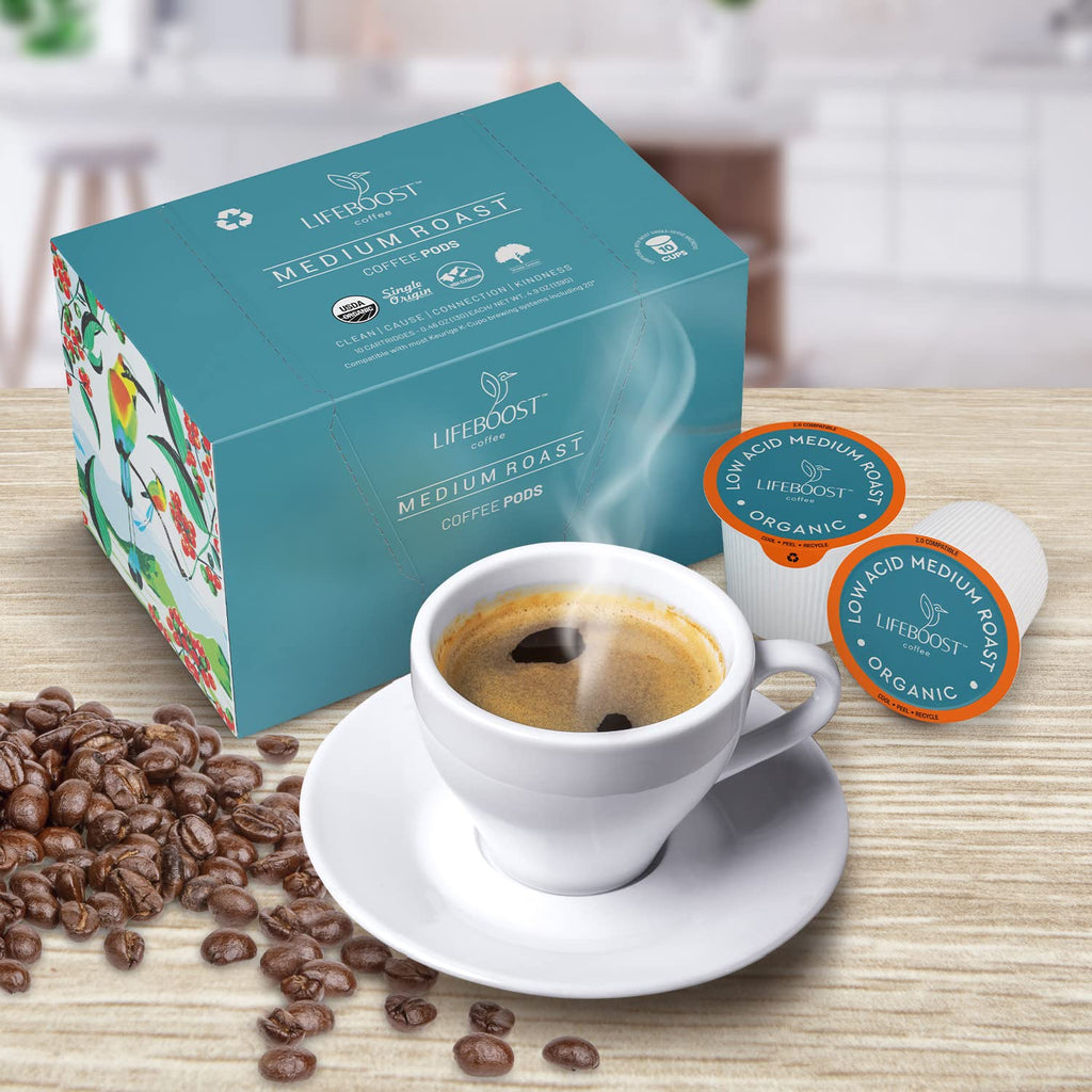 Lifeboost Medium Roast Low Acid Coffee K Cups - Single Origin Mold Free Non-GMO Organic Coffee Pods - Compatible with Keurig & Keurig 2 Machines - 10 Count (Pack of 2)
