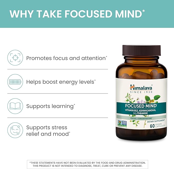 Himalaya Focused Mind Supplement, with Ashwagandha, Bacopa & L-Theanine for Attention, Focus and Energy Support, 60 Vegan Capsules, Gluten Free, 1 Month Supply