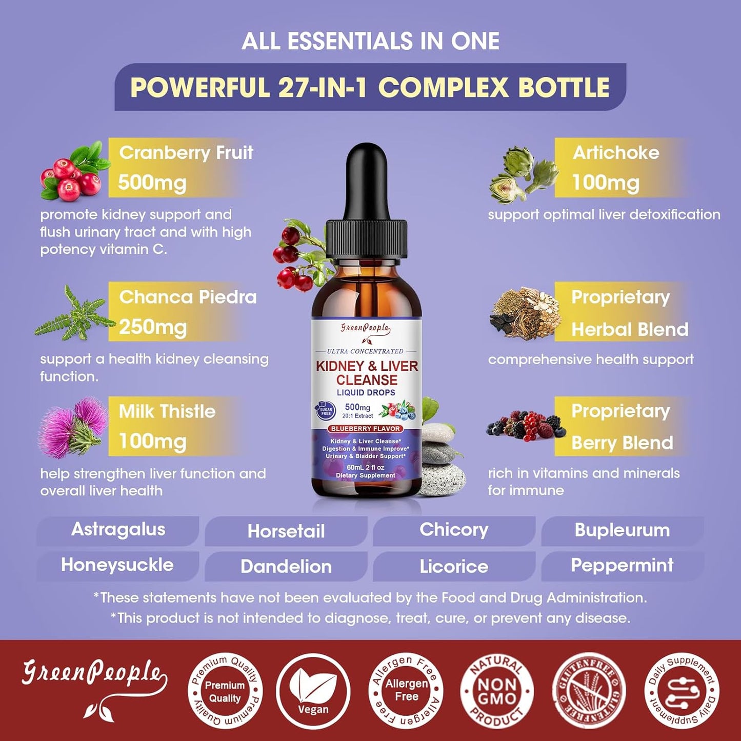 27-in-1 Kidney Cleanse Detox & Repair Drops - 20:1 Cranberry Extract & Chanca Piedra - Urinary Tract & Liver Cleanse - Vegan Kidney Support Supplement - Alcohol-Free, Non-GMO (2 Oz 1 Pack)