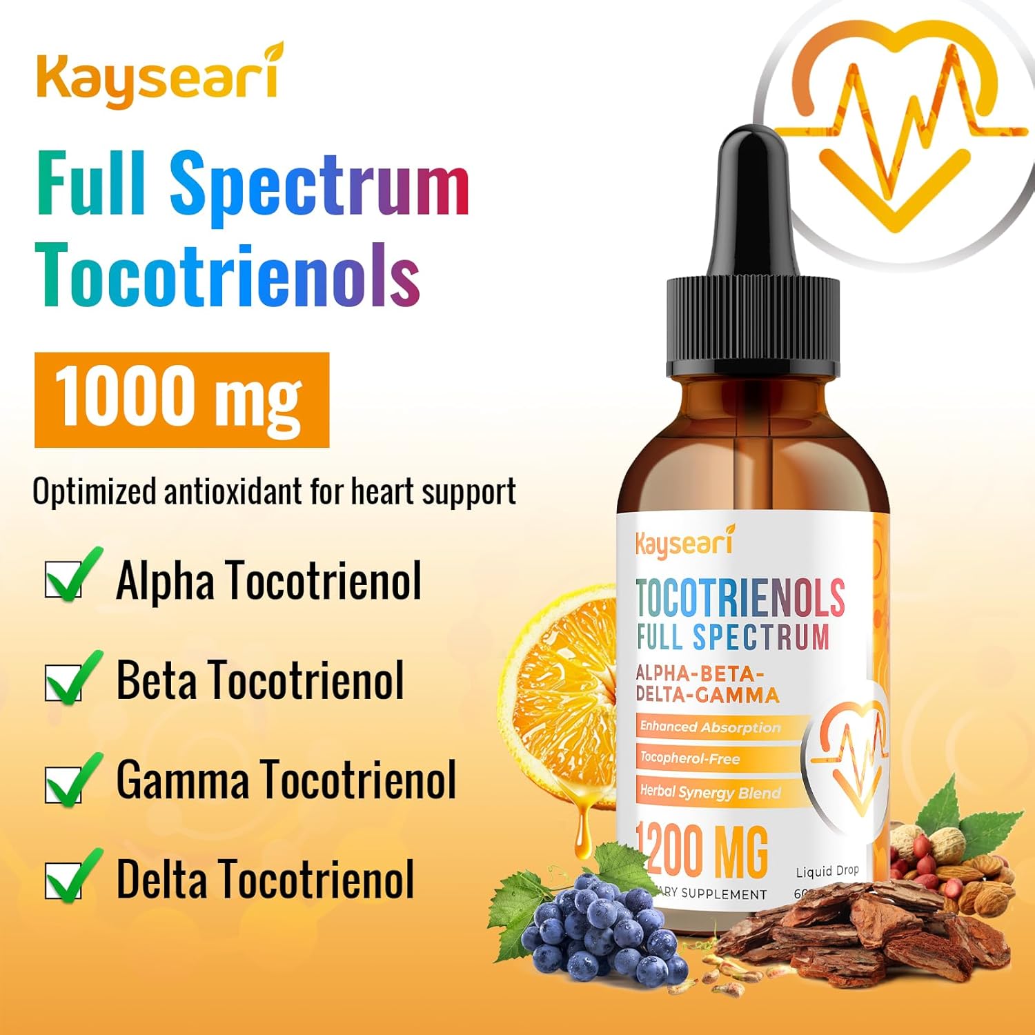 Full Spectrum of Tocotrienols Supplement 1200mg- Tocotrienol Vitamin E Liquid,Tocopherol-Free - Superior Antioxidant Blend - Higher Absorption - 2 Pack