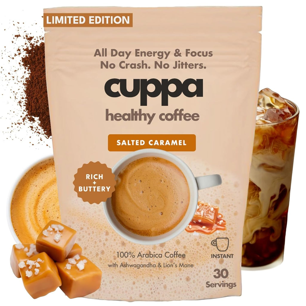Cuppa Salted Caramel Healthy Mushroom Instant Coffee with Lion's Mane & Ashwagandha for All Day Energy & Focus - No Crash or Jitters - Nootropics for Brain Health, Gut Health, Immunity, Stress, Memory + Mood - 30 Servings