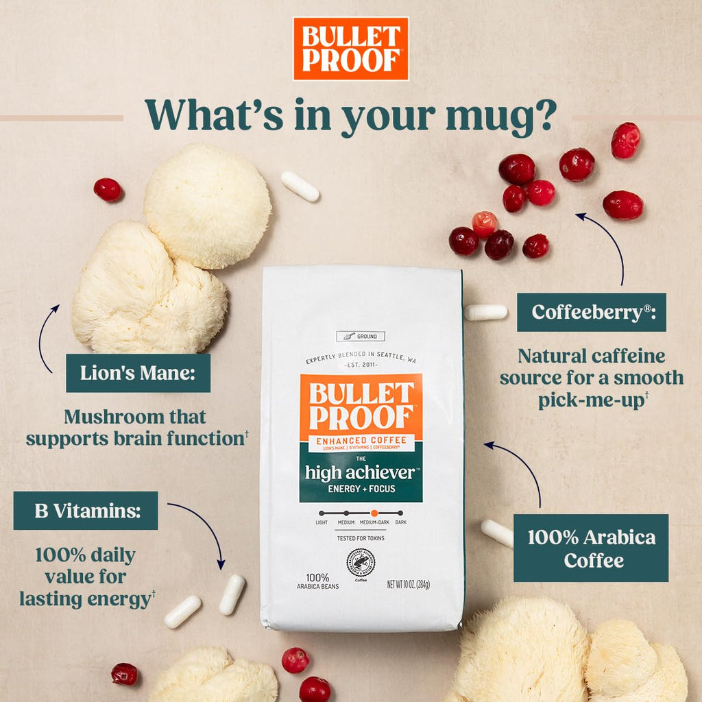 Bulletproof The High Achiever Single-Serve Pods, 72 count, Medium-Dark Roast Enhanced Coffee with Lion's Mane Mushroom, B Vitamins, and Adaptogens for Energy and Focus