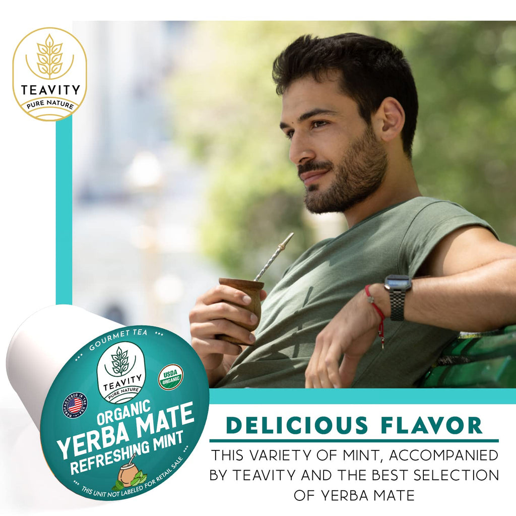 Organic Yerba Mate Refreshing Mint Tea Pods - Naturally Caffeinated Yerba Mate Tea Pod for Keurig Brewers by Teavity (24 Tea Pods)
