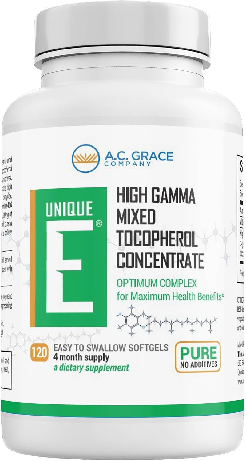 A.C. Grace Company UNIQUE E Mixed Tocopherols 120 Soft Gels, Supports Healthy Brain Function, General Health, and Aging Support, All-Natural Vitamin E and Kosher