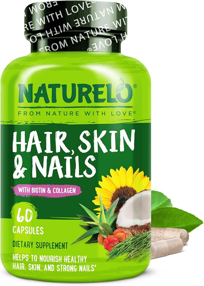 NATURELO Hair, Skin and Nails Vitamins - 5000 mcg Biotin, Collagen, Natural Vitamin E - Supplement for Healthy Skin, Hair Growth for Women and Men – 60 Capsules