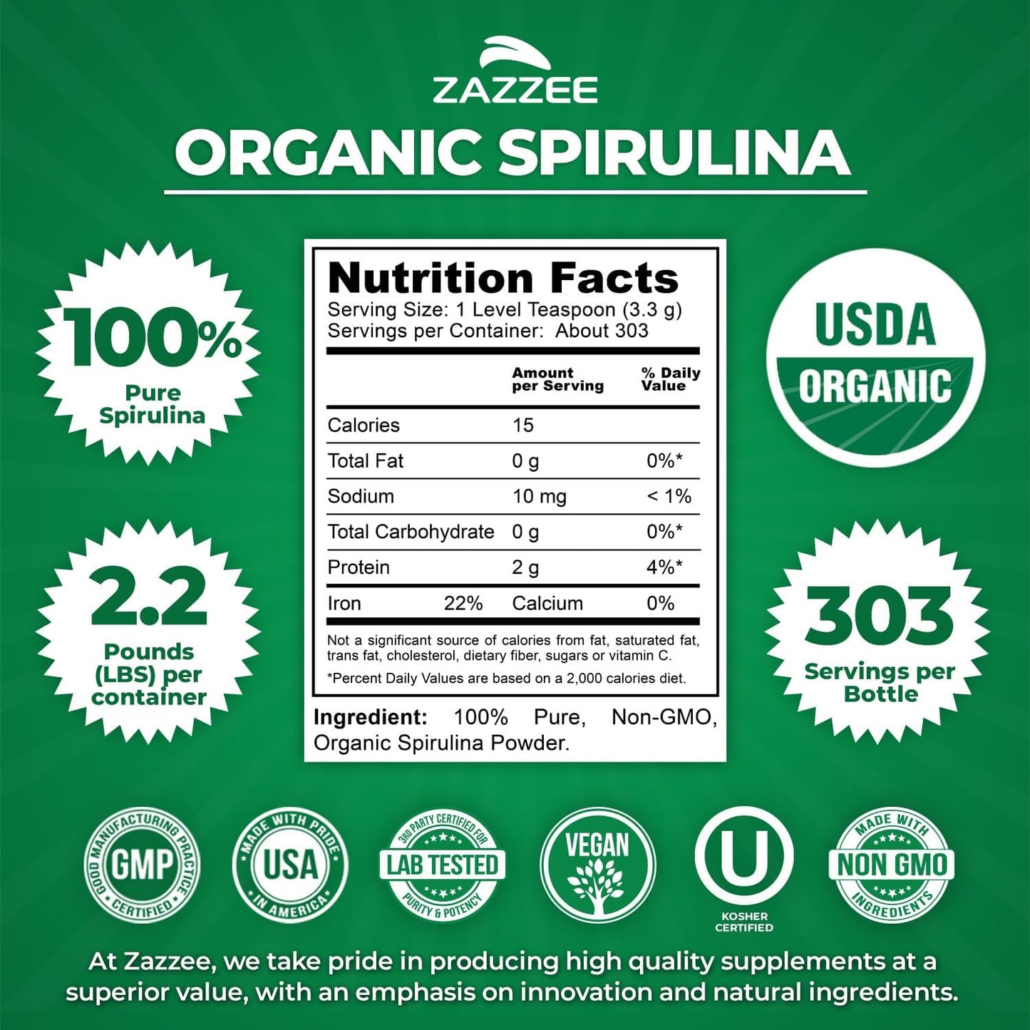 Zazzee Organic Spirulina Powder, 2.2 Pounds (1 KG), USDA Certified, 303 Servings, Kosher, 100% Pure, Non-Irradiated, Mess-Free Wide Mouth Container, Fresh Smell and Neutral Taste, Non-GMO, Gluten-Free