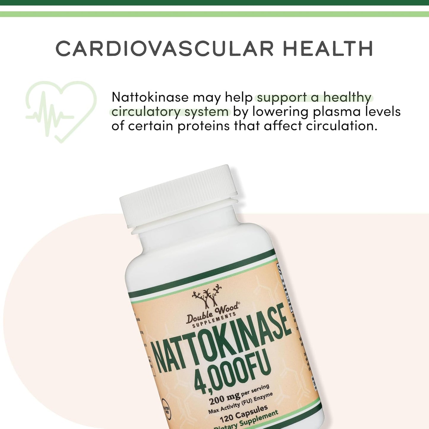 Nattokinase Supplement 4,000 FU Servings, 120 Capsules (Derived from Japanese Natto) Systemic Enzymes for Cardiovascular and Circulatory Support by Double Wood