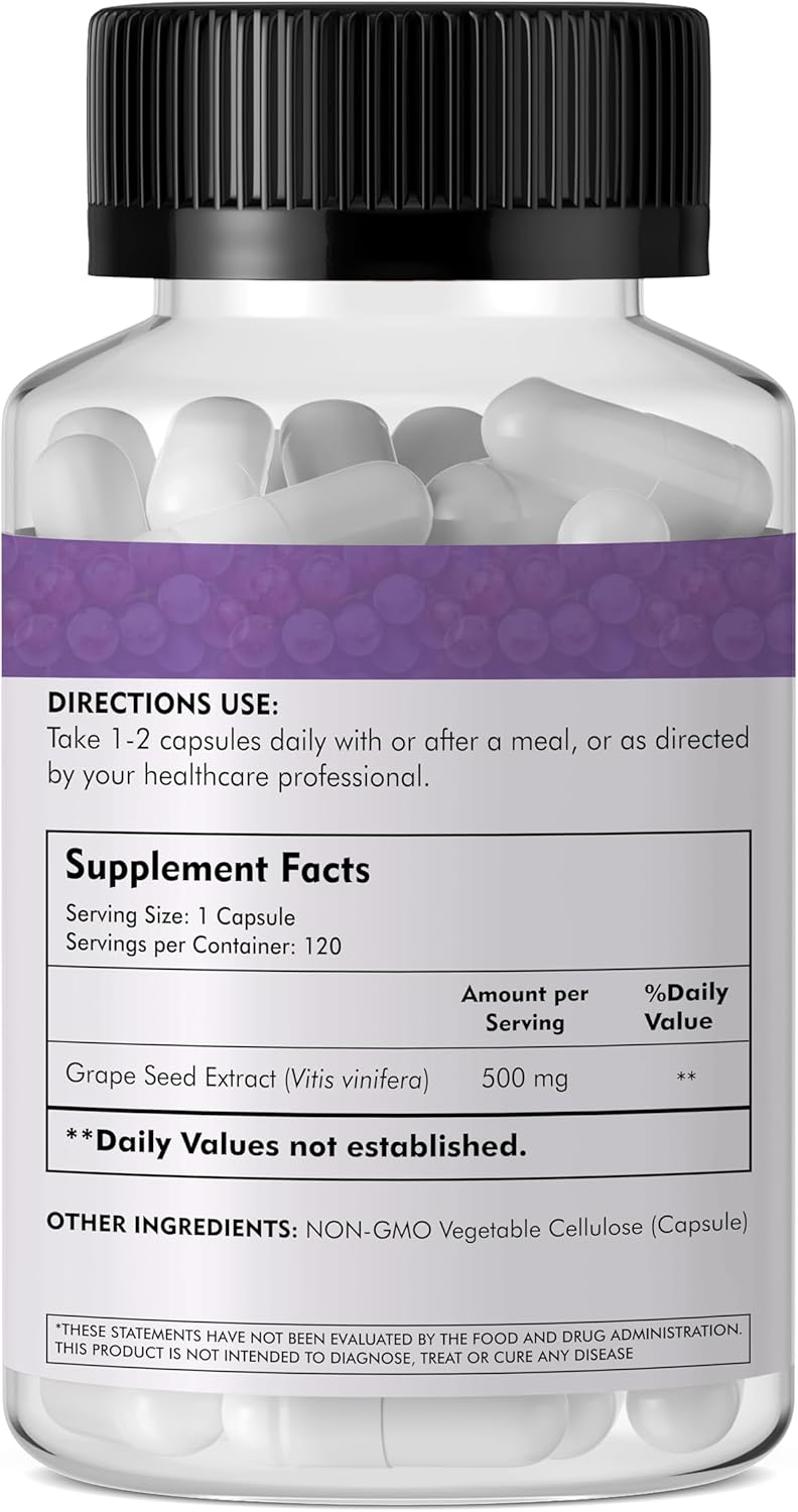 Grape Seed Extract, Maximum Strength 500 mg (a Highly Concentrated Extract with a Minimum of 90% Polyphenols), 120 Veg Capsules