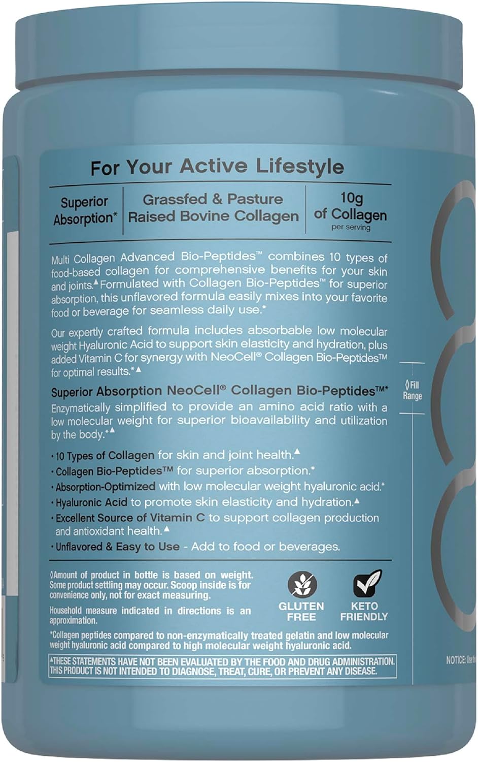 NeoCell Multi Collagen Bio-Peptides Powder | 22oz | Advanced with Hyaluronic Acid and Vitamin C | 10 Super Types of Collagen | Superior Absorption | Grassfed Protein Supplement |