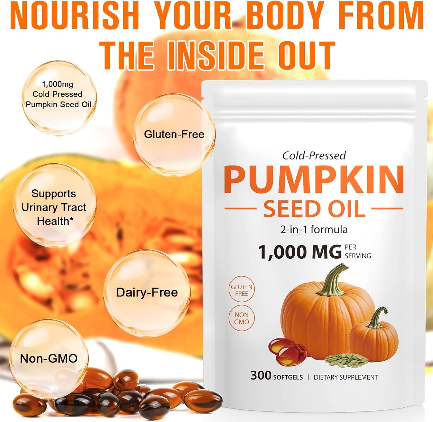 WHLH & WELL-BEING Pumpkin Seed Oil Capsules, 2Pack Pumpkin Seed Oil for Hair Growth, 1000mg Per Serving, 600 Count