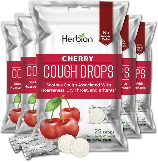 HERBION Naturals Cough Drops with Natural Cherry Flavor, Dietary Supplement, Soothes Cough, for Adults and Children Over 6 Years, 25 Drops, No Artificial Flavor, 125 Lozenges, Pack of 5