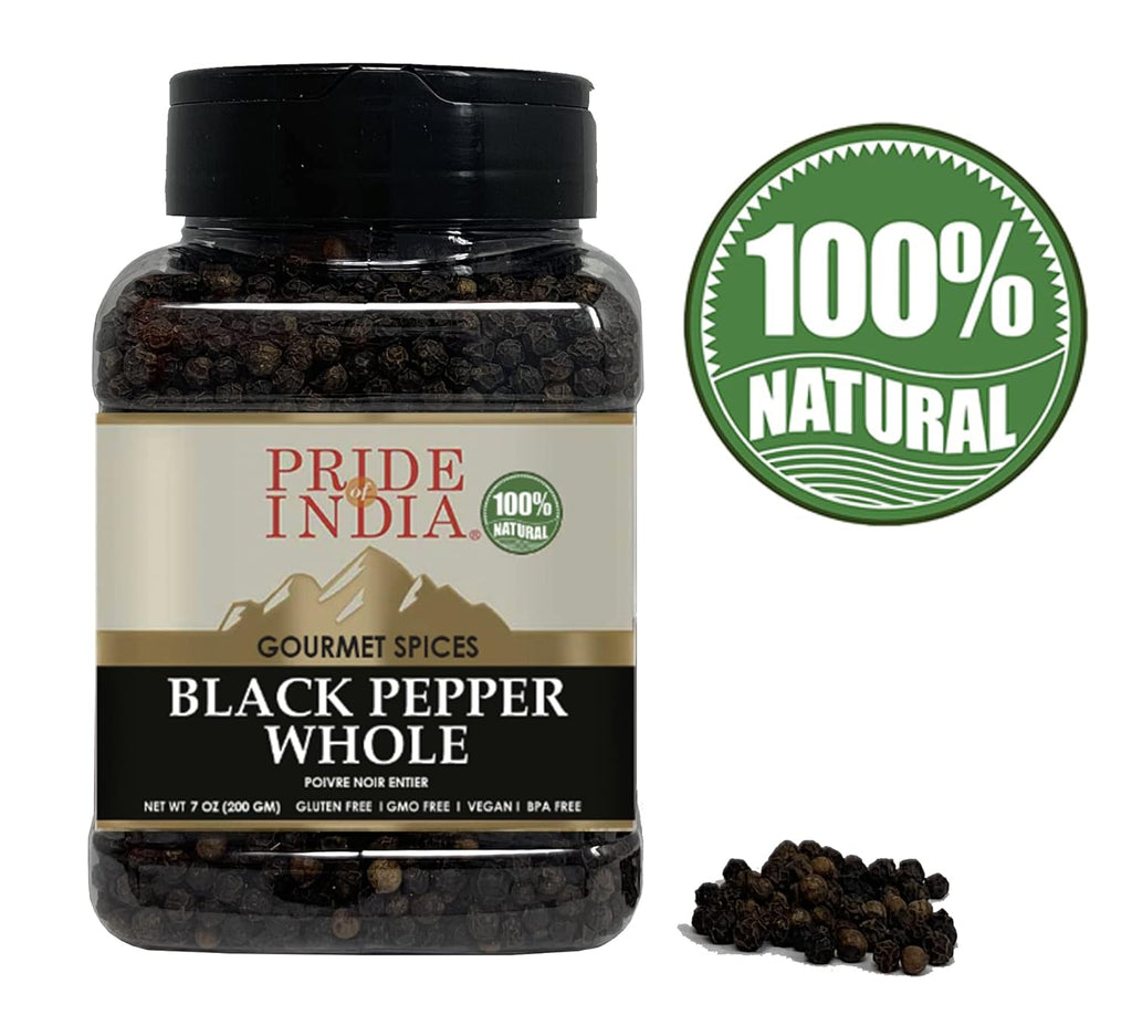 Pride of India – Black Peppercorn Whole – Gourmet & Culinary Spice – Full Bodied, Dried & Flavorful – Preservatives & Gluten Free – 7 oz. Medium Dual Sifter Jar