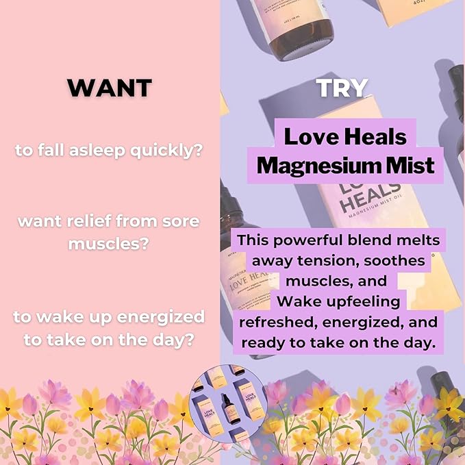 LOVE HEALS Magnesium Mist| Pure Magnesium Oil Spray with Lavender & Vanilla| Body & Foot Spray Refreshes Tired Skin| Calming Essential Oils for Relaxing & Uplifting Feel, 4oz