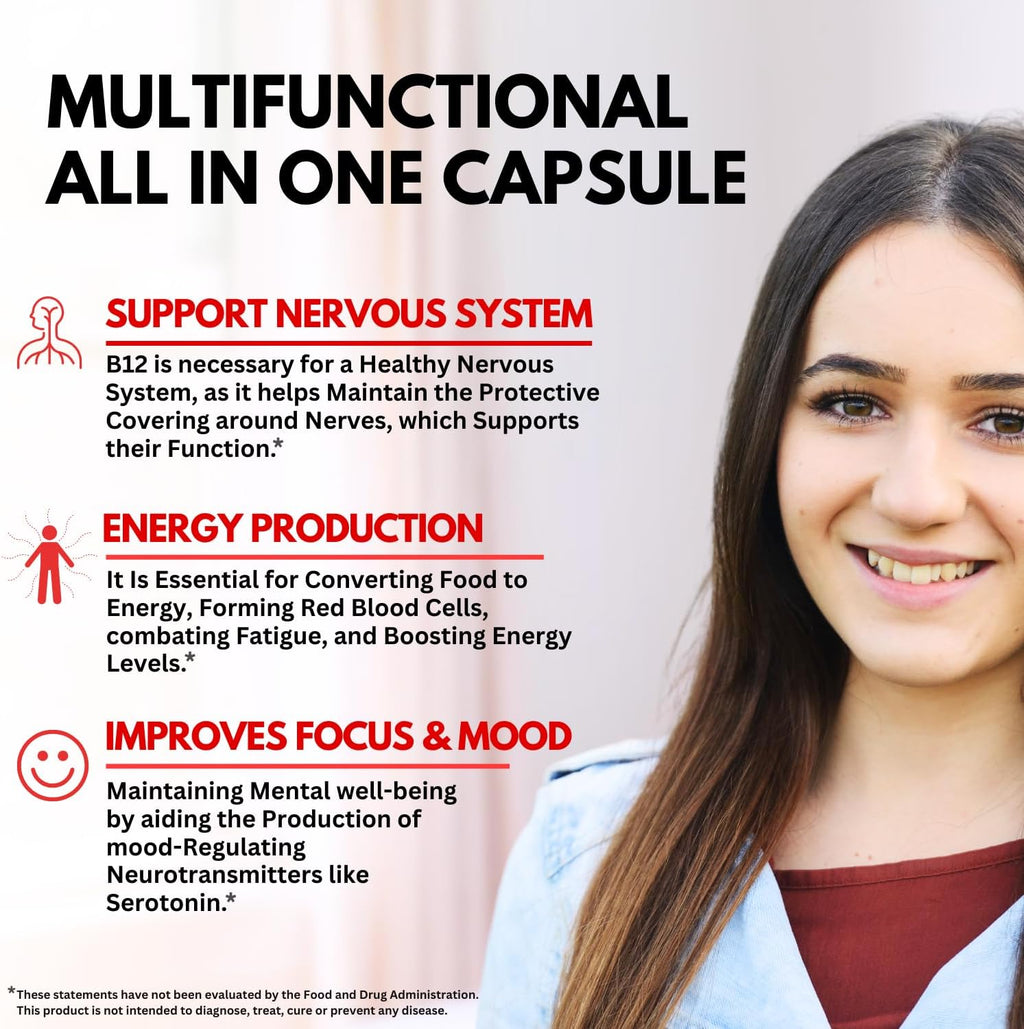 B12 with Hyaluronic Acid, Collagen and Folate – 25000 mcg B12 Complex | Maximize Absorption & Energy | Gluten Free USA Made, B1, B2, B3, B6, B7, B12 vitamins 5000 mcg Methylcobalamin - 60 Capsules