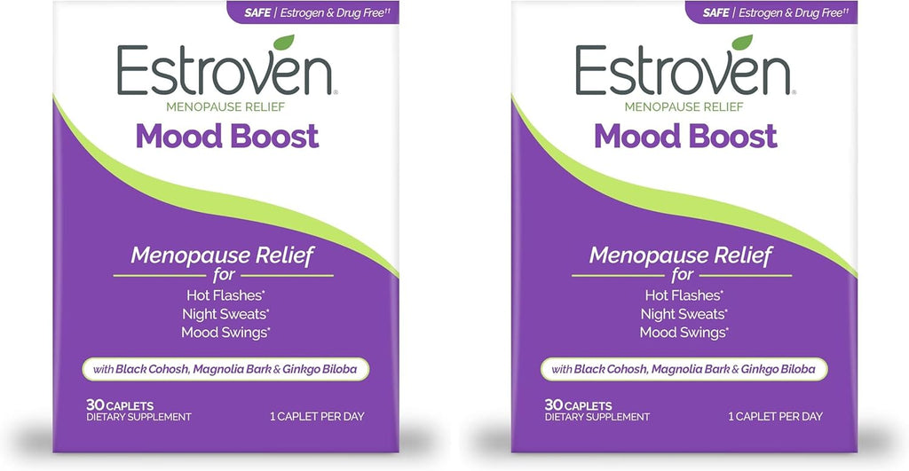 Estroven Mood Boost for Menopause Relief - 30 Ct. - Clinically Proven Ingredients That Help Manage Mood Swings, Night Sweats & Hot Flash Relief - Drug-Free and Gluten-Free (Pack of 2)