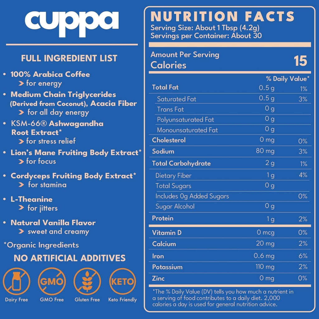 Cuppa French VanillaHealthy Mushroom Instant Coffee with Lion's Mane & Ashwagandha for All Day Energy & Focus - No Crash or Jitters - Nootropics for Brain Health, Gut Health, Immunity, Stress, Memory + Mood - 30 Servings