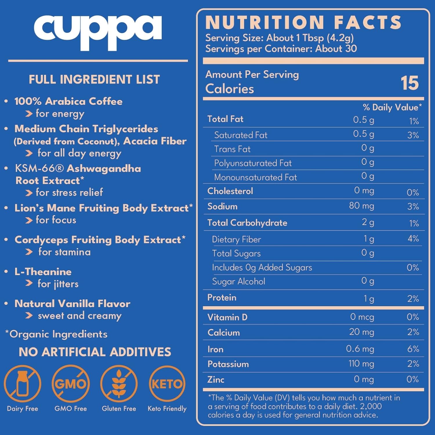 Cuppa French VanillaHealthy Mushroom Instant Coffee with Lion's Mane & Ashwagandha for All Day Energy & Focus - No Crash or Jitters - Nootropics for Brain Health, Gut Health, Immunity, Stress, Memory + Mood - 30 Servings